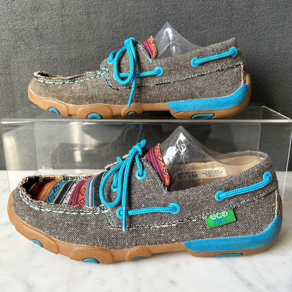 Twisted X Boat Shoe Womens 6.5 Driving Moc Dusk Teal Southwest Pattern Eco Tweed